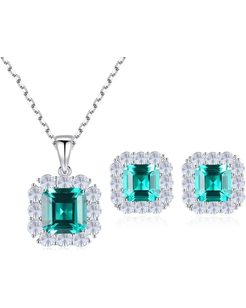 925 Sterling Silver CZ Halo Simulated Emerald Necklace and Earrings for Women, Cubic Zirconia Asscher Cut Nano Green Gemstone...