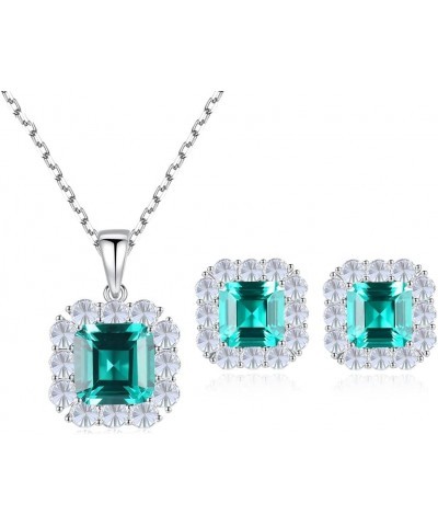 925 Sterling Silver CZ Halo Simulated Emerald Necklace and Earrings for Women, Cubic Zirconia Asscher Cut Nano Green Gemstone...