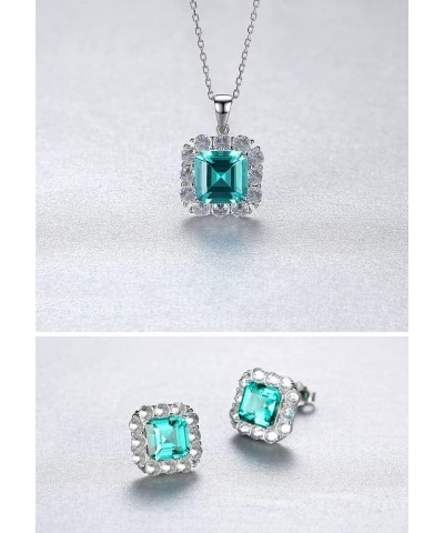 925 Sterling Silver CZ Halo Simulated Emerald Necklace and Earrings for Women, Cubic Zirconia Asscher Cut Nano Green Gemstone...