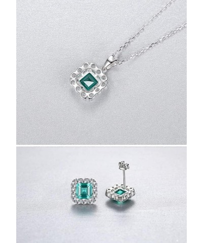 925 Sterling Silver CZ Halo Simulated Emerald Necklace and Earrings for Women, Cubic Zirconia Asscher Cut Nano Green Gemstone...