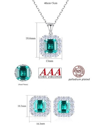 925 Sterling Silver CZ Halo Simulated Emerald Necklace and Earrings for Women, Cubic Zirconia Asscher Cut Nano Green Gemstone...