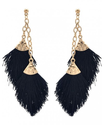 Women's Double Chain Mini Tassel Fringe Earrings - Feather Shape Dangle Drop Statement with Gold Tone Metal Post Earrings. Je...