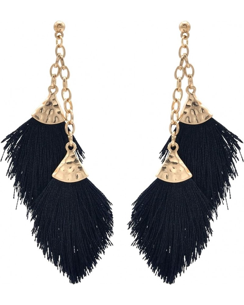 Women's Double Chain Mini Tassel Fringe Earrings - Feather Shape Dangle Drop Statement with Gold Tone Metal Post Earrings. Je...