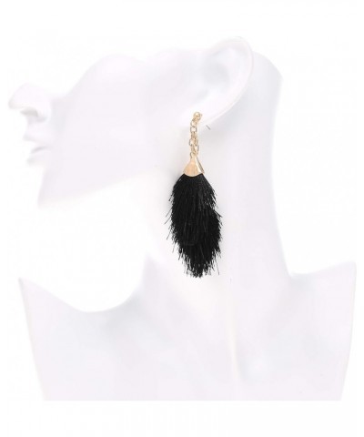 Women's Double Chain Mini Tassel Fringe Earrings - Feather Shape Dangle Drop Statement with Gold Tone Metal Post Earrings. Je...