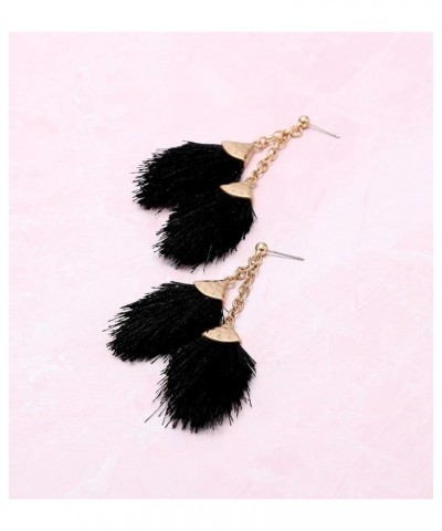 Women's Double Chain Mini Tassel Fringe Earrings - Feather Shape Dangle Drop Statement with Gold Tone Metal Post Earrings. Je...