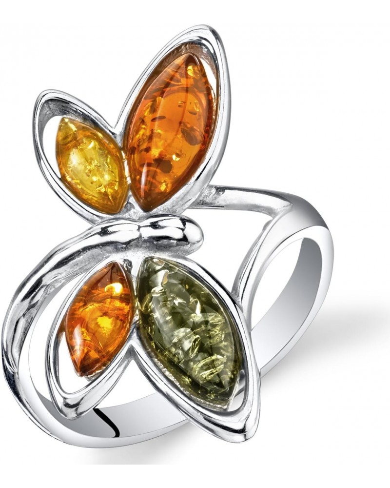 Genuine Baltic Amber Dragonfly Ring for Women 925 Sterling Silver, Rich Cognac, Olive Green, Honey Yellow Colors Sizes 5 to 9...