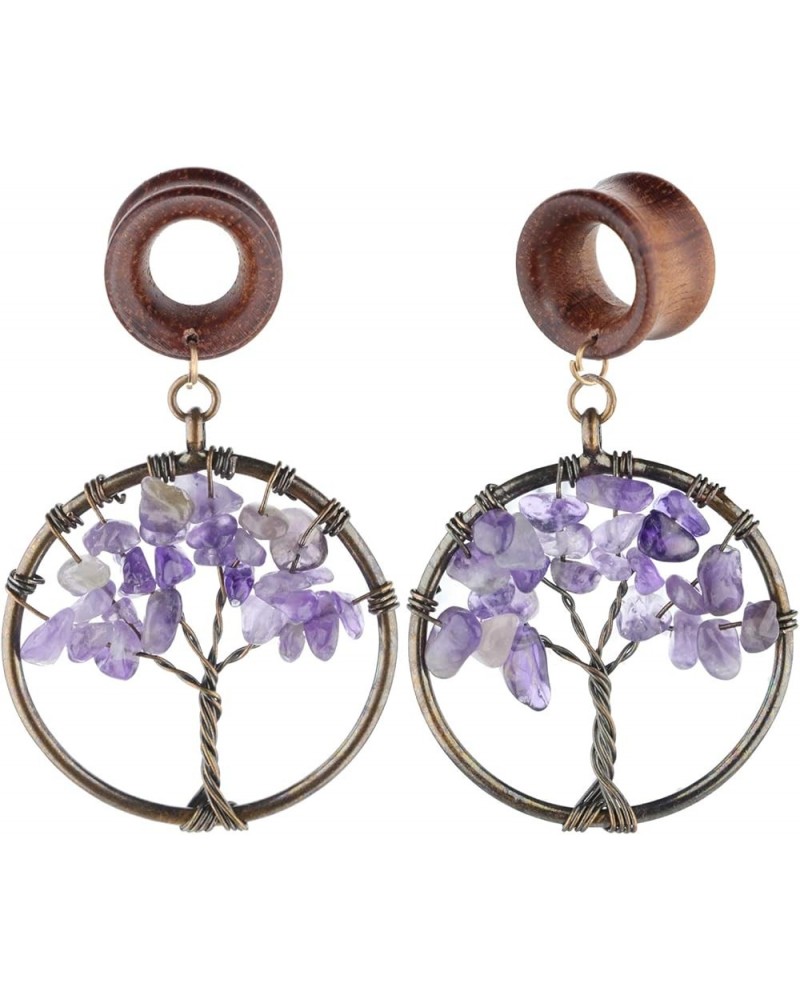 Handmade Amethyst Tree of Life Wood Dangle Ear Gauges Piercing Flesh Tunnels Plugs Statement Earrings Stretching Kit 1/2"-12m...