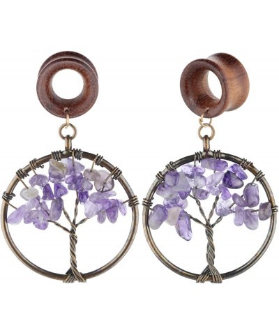 Handmade Amethyst Tree of Life Wood Dangle Ear Gauges Piercing Flesh Tunnels Plugs Statement Earrings Stretching Kit 1/2"-12m...