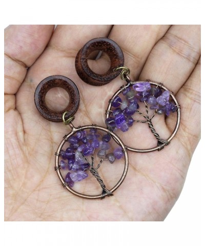 Handmade Amethyst Tree of Life Wood Dangle Ear Gauges Piercing Flesh Tunnels Plugs Statement Earrings Stretching Kit 1/2"-12m...