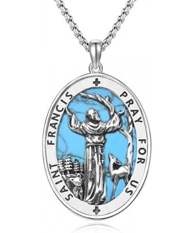 925 Sterling Silver Patron Necklace/Amulet Saint Medal Christmas Gifts for Men Women A033-St Francis-turquoise $30.75 Necklaces