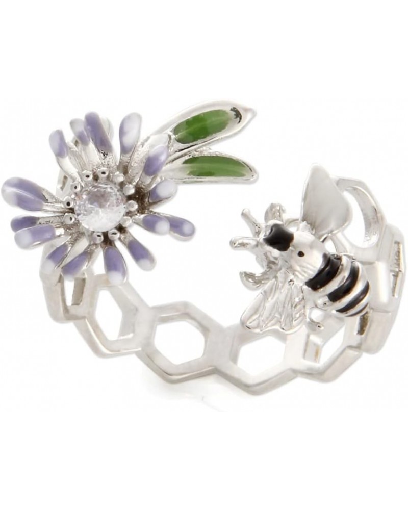 Epoxy Honeybee and Flower Ring Plated Brass Adjustable Size Honeycomb_WhiteGold $11.50 Rings