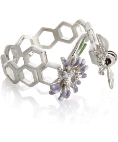 Epoxy Honeybee and Flower Ring Plated Brass Adjustable Size Honeycomb_WhiteGold $11.50 Rings