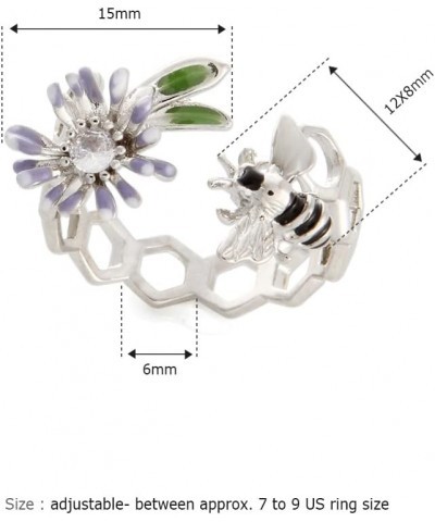 Epoxy Honeybee and Flower Ring Plated Brass Adjustable Size Honeycomb_WhiteGold $11.50 Rings