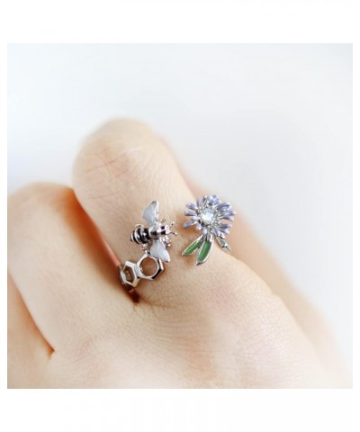 Epoxy Honeybee and Flower Ring Plated Brass Adjustable Size Honeycomb_WhiteGold $11.50 Rings