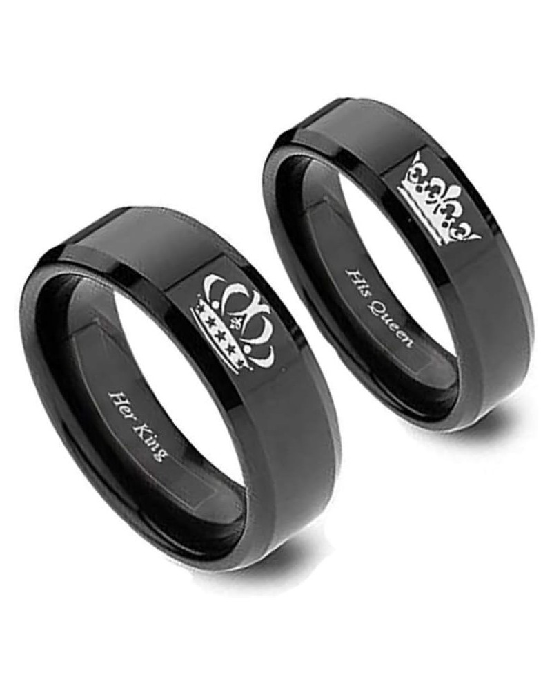 2PCS Black Her King and His Queen Crown Ring Set for Couples His Hers Stainless Steel Matching Promise Engagement Wedding Ban...