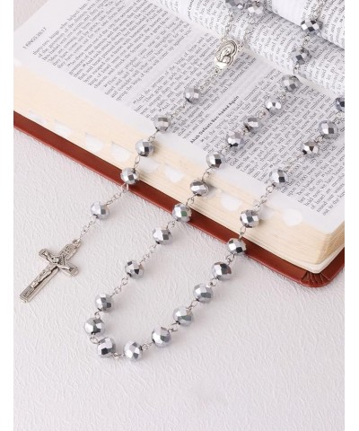 Crystal Rosary Necklace Fatima Prayer Beads Chain Our Lady Medal Catholic Crucifix Cross Pendant, 2 Sizes Large-Silver Color ...