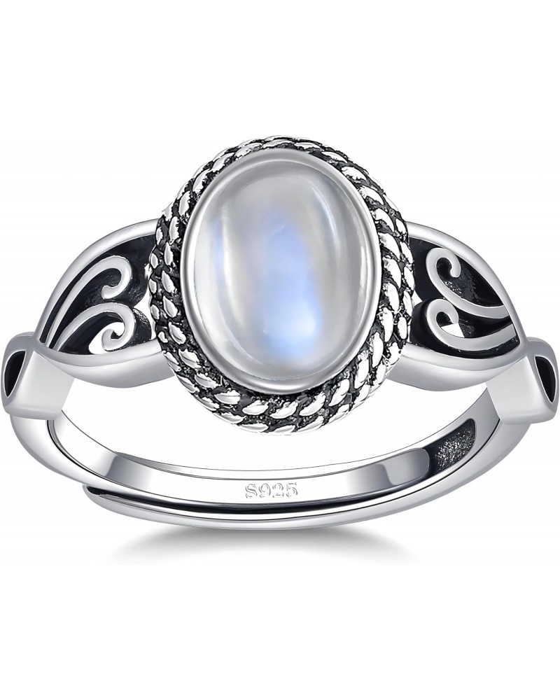 Adjustable Moonstone Rings for Women 925 Sterling Silver Statement Rings Womens Vintage Rings with 6 * 8mm Oval Moonstone Sta...