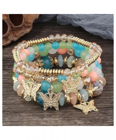 Handmade 4pcs Colorful Butterfly Pendant Stackable Stretch Crystal Stone Beaded Adjustable Bracelet Set Boho Bohemian Summer ...