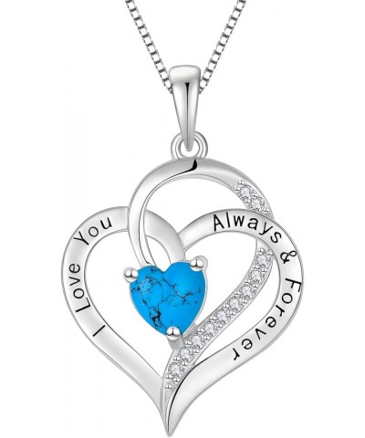 Turquoise Heart Necklace 925 Sterling Silver 3A Cubic Zirconia Engraved with I Love You Always & Forever Pendant with Chain f...