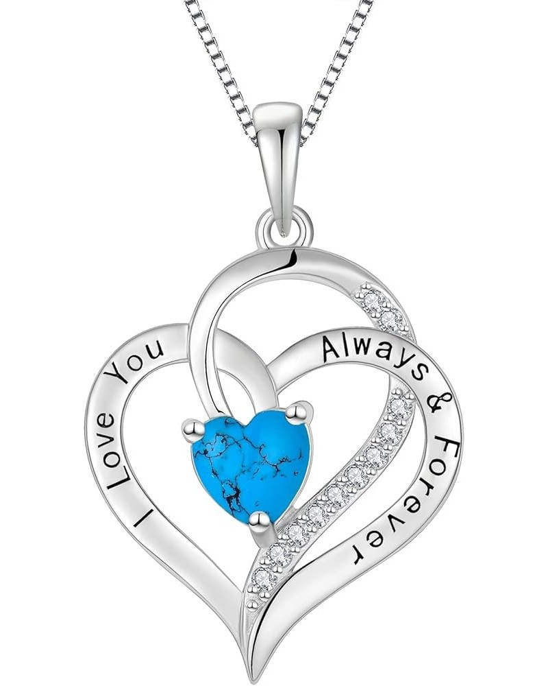 Turquoise Heart Necklace 925 Sterling Silver 3A Cubic Zirconia Engraved with I Love You Always & Forever Pendant with Chain f...