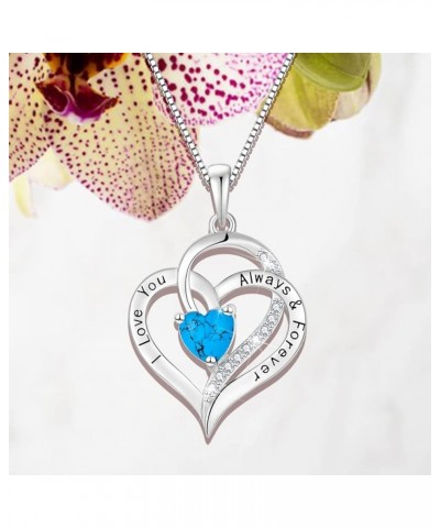 Turquoise Heart Necklace 925 Sterling Silver 3A Cubic Zirconia Engraved with I Love You Always & Forever Pendant with Chain f...