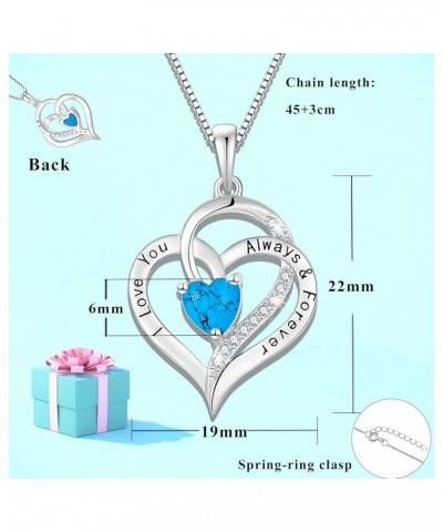 Turquoise Heart Necklace 925 Sterling Silver 3A Cubic Zirconia Engraved with I Love You Always & Forever Pendant with Chain f...