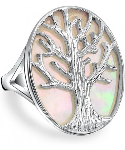 Large Statement Iridescent Oval Abalone Rainbow White Mother of Pearl Family Wishing Tree Of Life Ring For Women Wife .925 St...