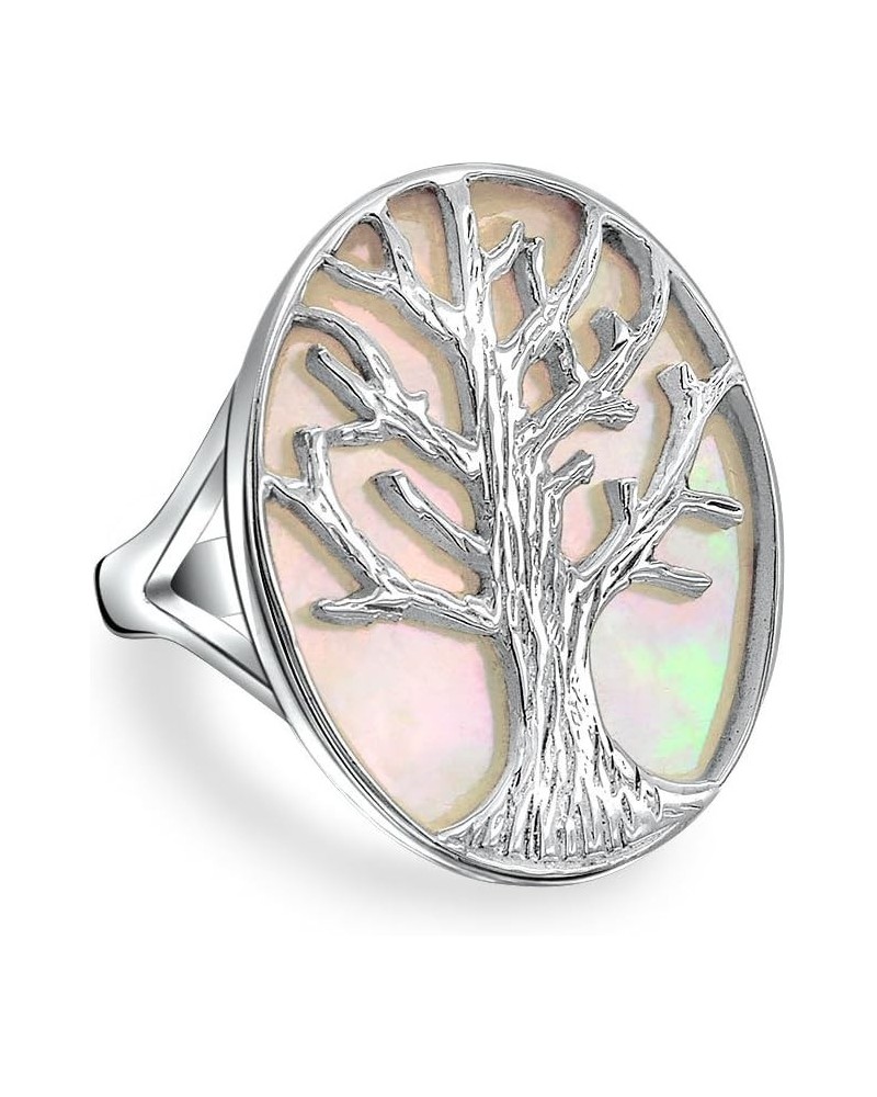 Large Statement Iridescent Oval Abalone Rainbow White Mother of Pearl Family Wishing Tree Of Life Ring For Women Wife .925 St...