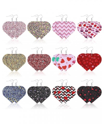 12 Pairs Valentine's Day Heart PU Leather Dangle Earrings Bling Sequin Printed Petal Heart Drop Earrings for Valentine's Day ...