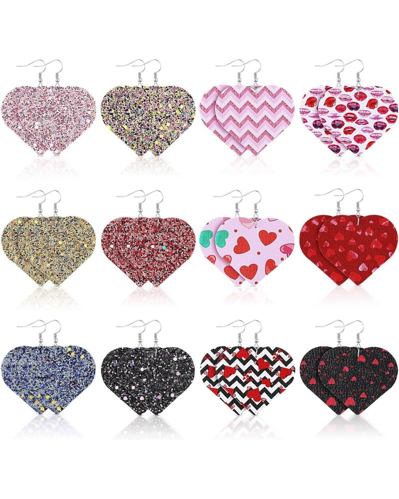 12 Pairs Valentine's Day Heart PU Leather Dangle Earrings Bling Sequin Printed Petal Heart Drop Earrings for Valentine's Day ...