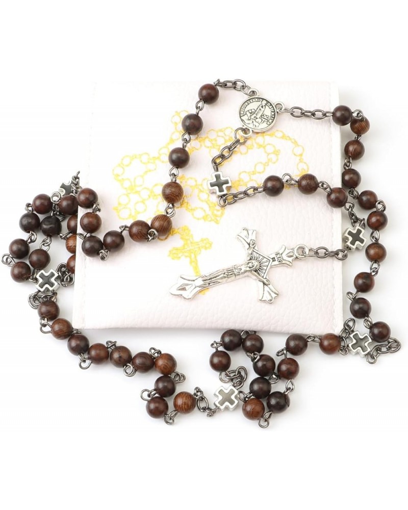 Rosary Beads Catholic for Women With Leather Rosary Pouch, Black Beads Rose Rosary Necklace with White Leather Pouch, Anglica...