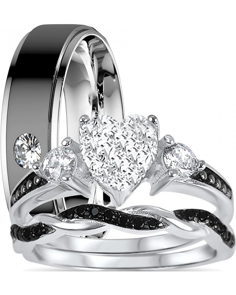 His and Hers 3 Piece Trio Sterling Silver Black Wedding Band Engagement Ring Set 10/10 Her 10 - His 11 $30.55 Sets