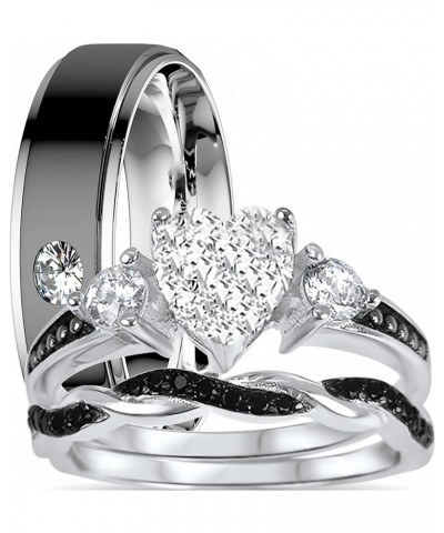 His and Hers 3 Piece Trio Sterling Silver Black Wedding Band Engagement Ring Set 10/10 Her 10 - His 11 $30.55 Sets