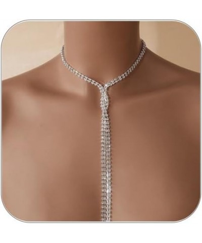 Rhinestone Necklace for Women Sparkly Crystal Rhinestone Choker Tennis Chain Fringe Long Necklace Gold Silver Rhinestone Stat...