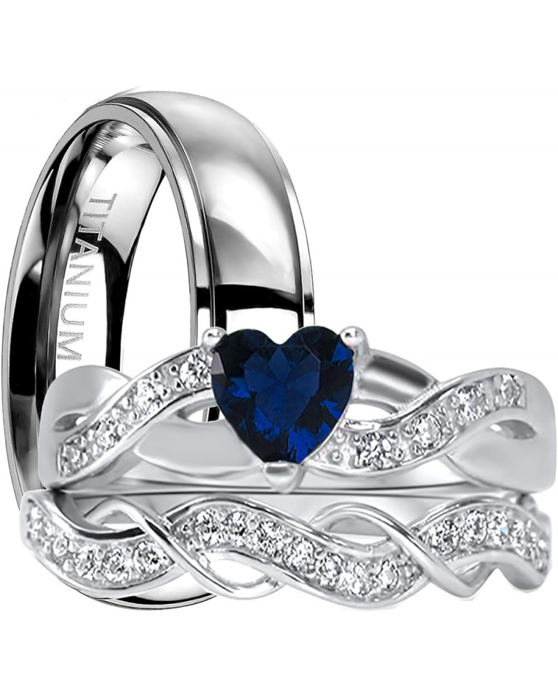 His and Hers 3 Piece Trio Sterling Silver Titanium Blue Wedding Band Engagement Ring Set Her 8 - His 12 $39.90 Sets