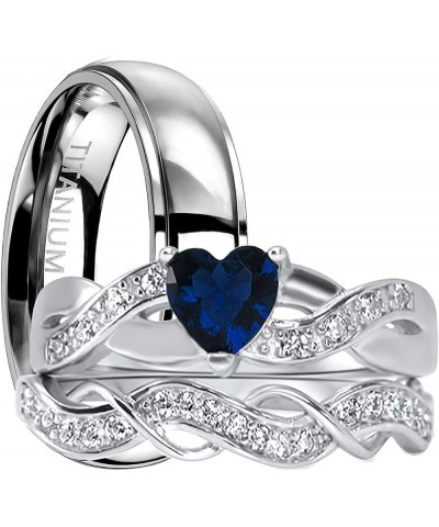 His and Hers 3 Piece Trio Sterling Silver Titanium Blue Wedding Band Engagement Ring Set Her 8 - His 12 $39.90 Sets