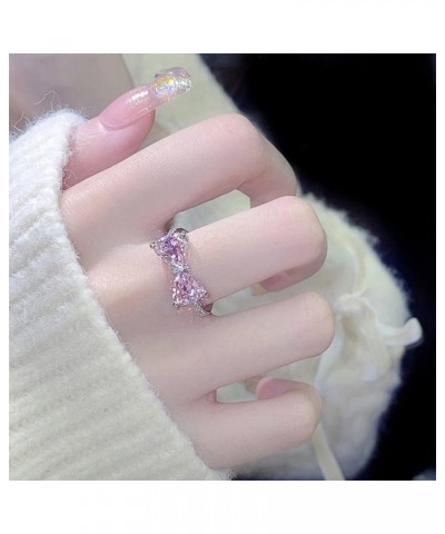 Pink Crystal Bow Knot Open Statement Rings for Women Girls Diamond CZ Eternity Promise Band Engagement Wdding Rings Stacking ...