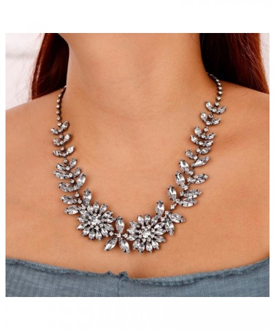 Flower Collar Necklaces Gothic Silver Rhinestones Floral Statement Bib Necklaces for Women Crystal Jewelry Necklaces for Even...