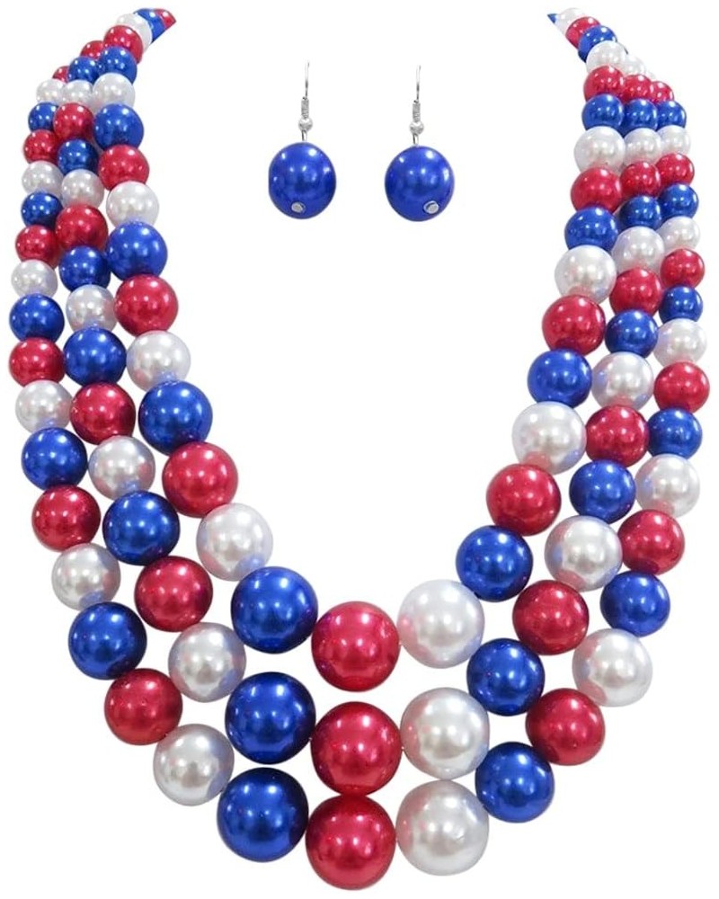 Women's 3 Colorful Multi Strands Simulated Pearl Necklace And Earrings Jewelry Gift Set, 18"+3" Extender USA Red White & Blue...