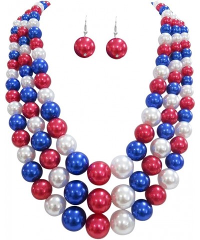 Women's 3 Colorful Multi Strands Simulated Pearl Necklace And Earrings Jewelry Gift Set, 18"+3" Extender USA Red White & Blue...