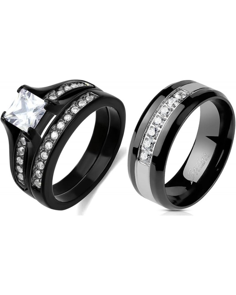 His Hers Couple Ring Set Womens One Carat Princess CZ Black Stainless Steel Wedding Engagement Ring Set Mens 7 CZ Wedding Ban...