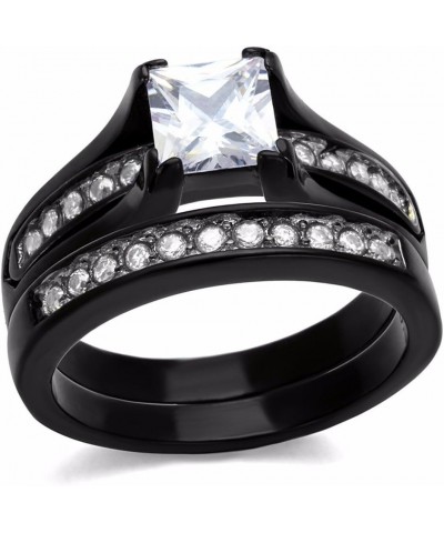 His Hers Couple Ring Set Womens One Carat Princess CZ Black Stainless Steel Wedding Engagement Ring Set Mens 7 CZ Wedding Ban...