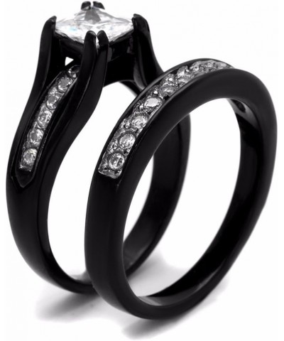 His Hers Couple Ring Set Womens One Carat Princess CZ Black Stainless Steel Wedding Engagement Ring Set Mens 7 CZ Wedding Ban...