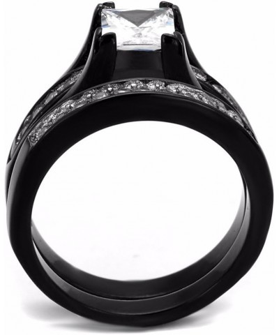 His Hers Couple Ring Set Womens One Carat Princess CZ Black Stainless Steel Wedding Engagement Ring Set Mens 7 CZ Wedding Ban...