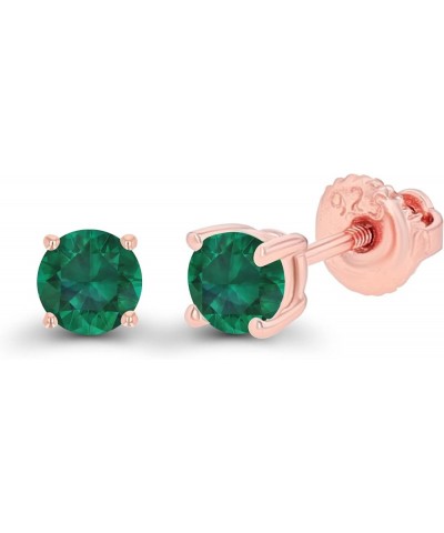 14K Gold Plated 925 Sterling Silver Hypoallergenic 4mm Round Genuine Birthstone Solitaire Screwback Stud Earrings Emerald Cre...