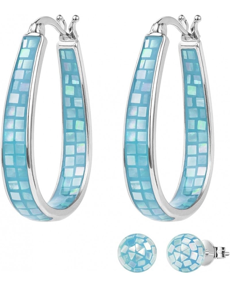 Rhodium Plated Oval Inside Out Shell Hoop Earrings For Women&Girls Fashion Jewelry Gift Sky-Blue Shell $10.32 Earrings