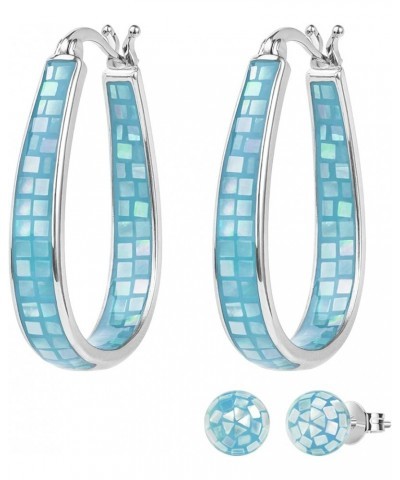 Rhodium Plated Oval Inside Out Shell Hoop Earrings For Women&Girls Fashion Jewelry Gift Sky-Blue Shell $10.32 Earrings