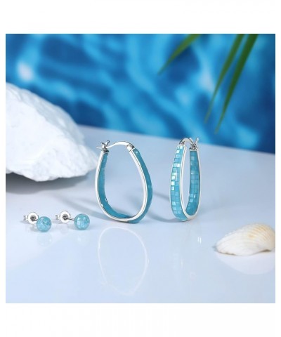 Rhodium Plated Oval Inside Out Shell Hoop Earrings For Women&Girls Fashion Jewelry Gift Sky-Blue Shell $10.32 Earrings