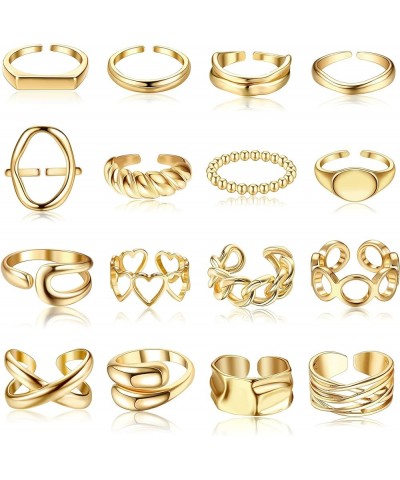 16PCS Gold Dome Chunky Rings for Women 18K Gold Plated Croissant Braided Twisted Stacking Round Signet Adjustable Open Rings ...