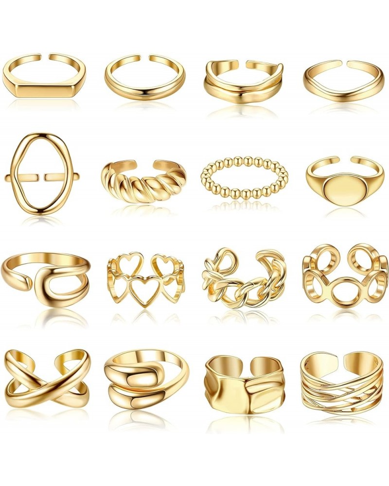 16PCS Gold Dome Chunky Rings for Women 18K Gold Plated Croissant Braided Twisted Stacking Round Signet Adjustable Open Rings ...